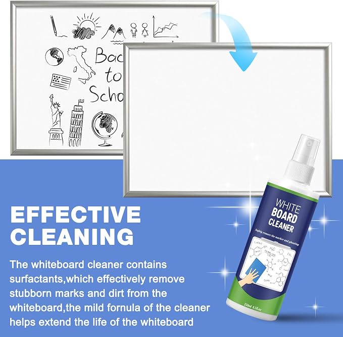 12 Pack White Board Cleaner Spray, 8.5oz Dry Erase Board Cleaner for Whiteboard, Removes Permanent Marker Stains, Non-Toxic Cleaning Solution with 6 Cloths for School Office