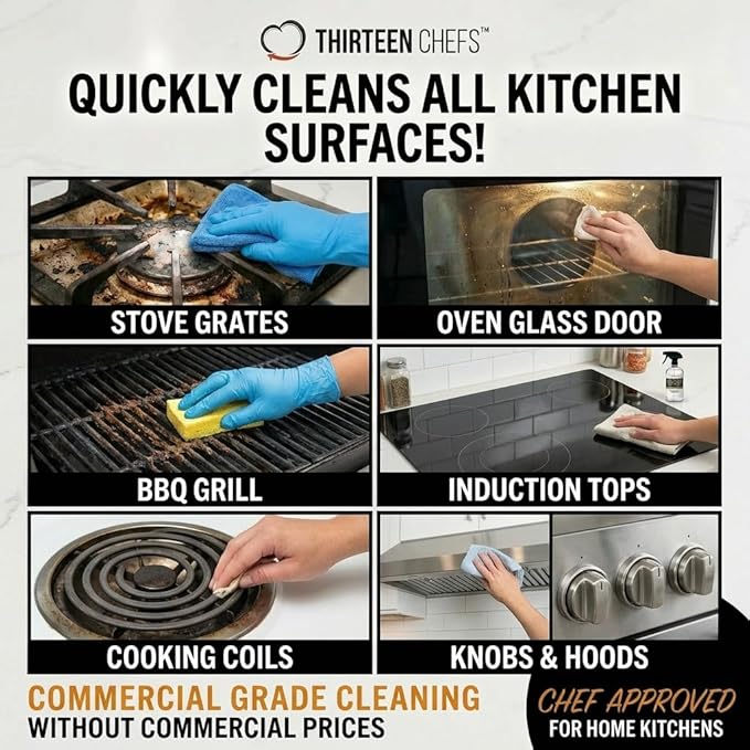 Thirteen Chefs Gas Range Cleaner and Degreaser - Stove Grates, Grills, Oven Glass and Door - Cuts Through Baked on Food (16oz)