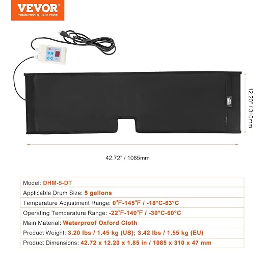 VEVOR Metal Drum Heater, 250 Watt, Pail Heating Band for 5 Gallon Barrel, 0-145℉ Adjustable Thermostat, Waterproof Oxford Fabric High Efficiency Grease Keg Heater,Tested to UL 499 Standard, FCC Listed