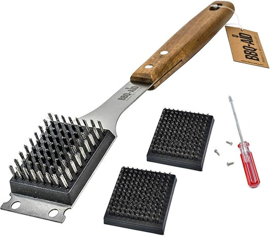 BBQ-AID Grill Brush and Scraper with 2 Replacement Heads - Extended, Large Wooden Handle and Stainless Steel Bristles – Safe, No Scratch Cleaning - Best for Any Grill: Char Broil & Ceramic