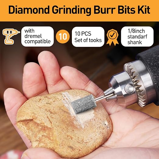 FOTYBEI 10PCS Diamond Grinding Burr Bits Set Compatible with Dremel Rotary Tools, 10 Shapes 1/8" Shank 120 Grit, for Polishing, Grinding, Carving on Glass, Ceramic, Stone (10Pcs-120 Grit)
