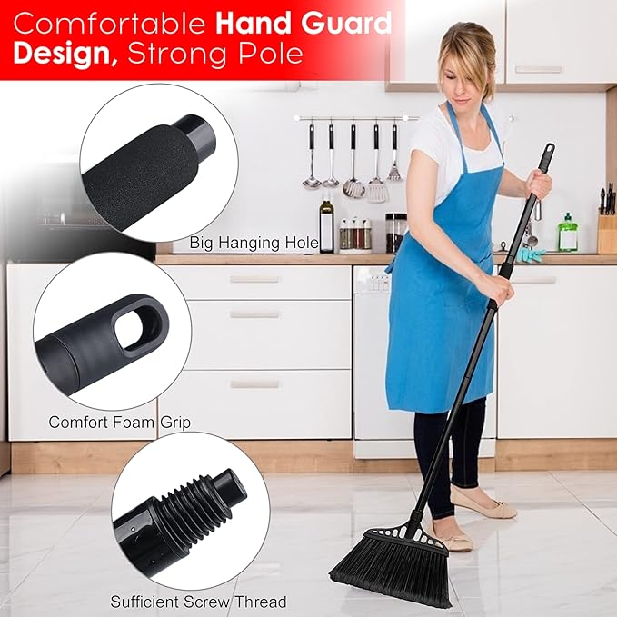 Tiumso 3-Pack Heavy Duty Broom, Commercial Broom with 55" Long Handle Outdoor Indoor, Industrial Brooms for Sweeping Garage Concrete Courtyard Patio Home Kitchen Office - All Black