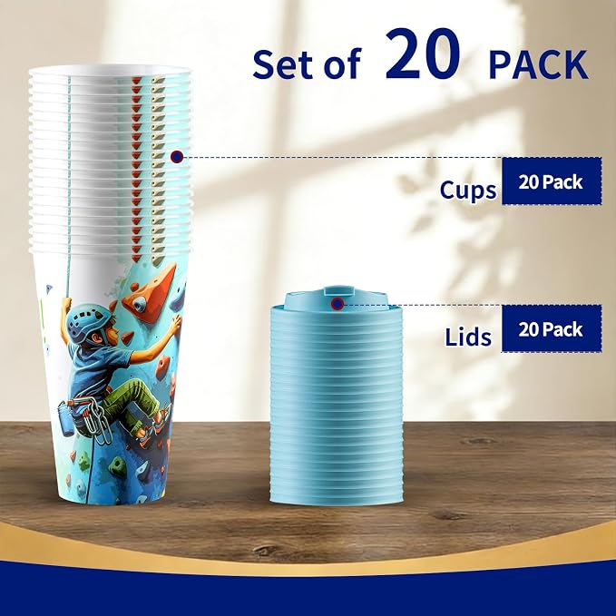 20 Pcs Rock Climbing Favors Goodie Cups with Lids for Birthday Decorations Disposable 16oz Plastic Candy Cups for Birthday Party Table Decorations Supplies Favor(LET'S CLIMB)