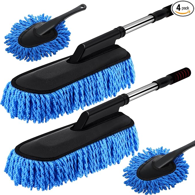 Tanlade 4 Pack Microfiber Car Duster Exterior Scratch Free with Extendable Handle Auto Duster Exterior Cleaning Tools for Car Brush for Truck Bike Rv Boats Motorcycle (Blue)