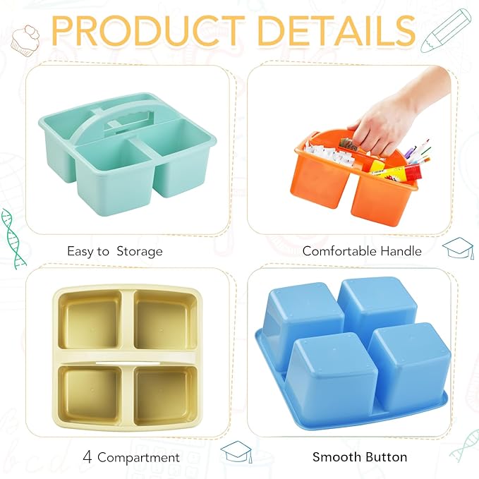 6-Pack Plastic Classroom Caddy Organizer with Handle,Four-Equal-Compartment, Teacher Supply Storage Caddy for Classroom Organization, Table, Desk, Office, Craft Art for Kids-Macaron