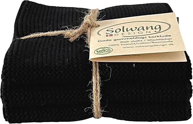 Solwang 3-Piece Danish Cotton Dishcloths in 100% Certified Organic Cotton Made in India (Solid Black Organic Trio)