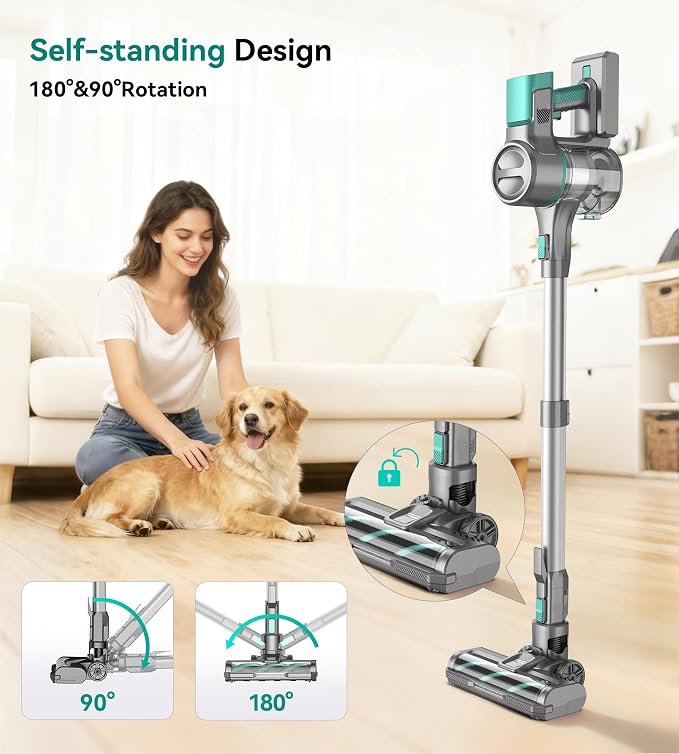 S10K Cordless Vacuum Cleaner, 55Kpa 60mins Lightweight Stick Vacuum with Powerful Suction for Home, Rechargeable, Self-Standing, Handheld Vacuum Cleaners for Hardwood Floors, Carpets, Green