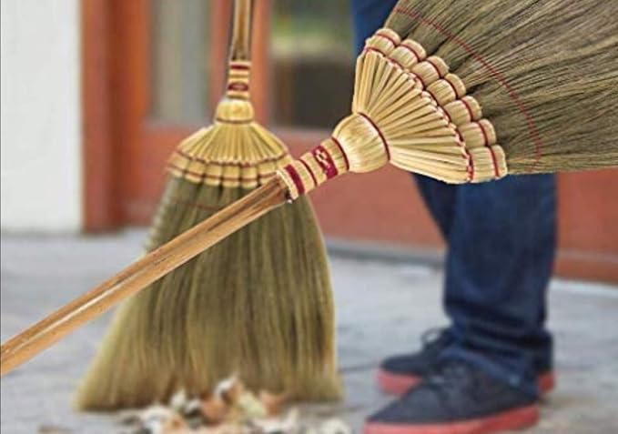 Asian Natural Grass Handmade Broom 38-40 inch Vintage Retro Style Housewarming Gift, Witch Broom, Thai Broom, Broomstick Bamboo Stick Handle, Kong Grass Broom, Durable Broom for Indoor & Outdoor