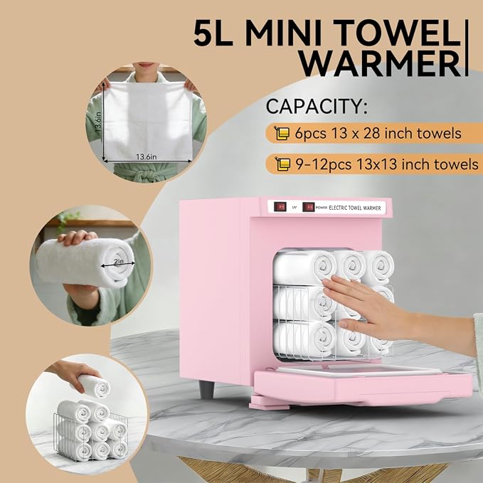 Towel Warmer 5L-Pink, 2-in-1 Professional Mini Small Hot Towel Warmer for Spa, Facial Towel Cabinet for Solo Estheticians, Small Salons & Home Spa (Fits 10-15 Washcloths 6-9 Towels)