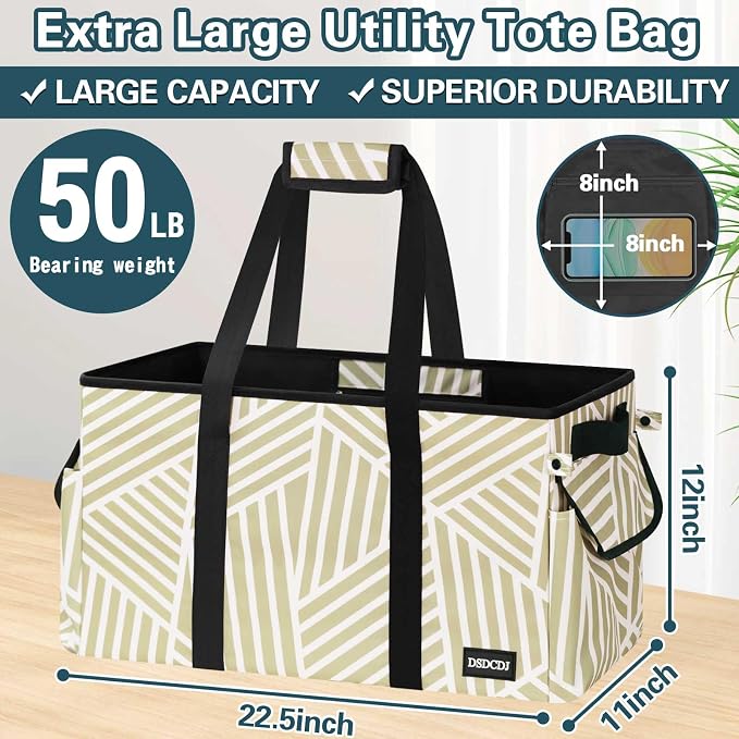 Standing Extra Large Utility Tote Bag with Hard Bottom & Hard Sides, Heavy Duty Reusable Grocery Bags with Handles & 3 Pockets for Shopping, Picnics, Camping, Laundry, Car, Beach Tote Bag