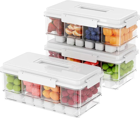 3Pack Chilled Condiment Caddy with 4 Containers 4 Lids Fruit Serving Tray Platter with Handle Portable Snackle Box Organizer Server with Ice Pack for Mimosa Bar Supplies,Salad,Taco,Party Garnish,White