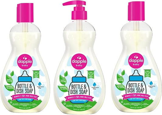 Dapple Baby Fragrance Free Bottle & Dish Soap - (3 Pack) 16.9 fl oz - Cleans Baby Bottles, Sippy Cups, Pacifiers, Breast Pumps, & More - Gently Removes Milk Film & Odors - Includes 1 Pump