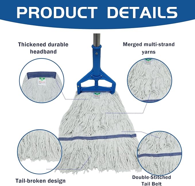 Commercial Cotton Mop | Heavy-Duty Industrial Mop | 2 Replacement Heads | 152cm Stainless Steel Handle | Professional Institutional Cleaning (A)