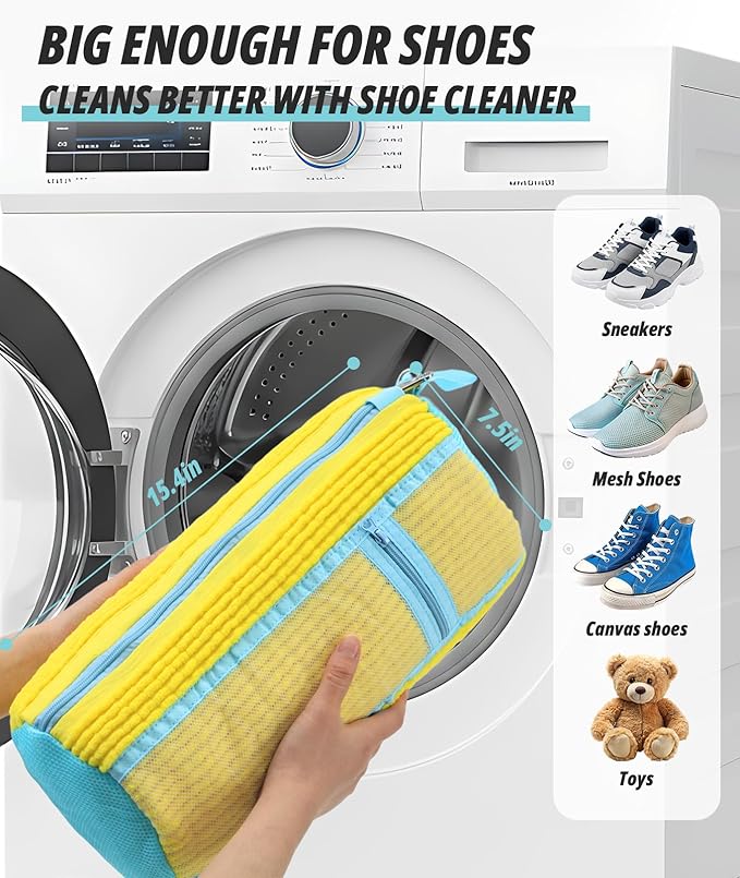 Shoe Washing Machine Bag, 2 Pack Shoe Cleaning Bag for Washer and Dryer, 360° Deep Cleaning Reusable Shoes Laundry Bags for Sneakers with Zipper Protection and Side Mesh Pouch, Yellow