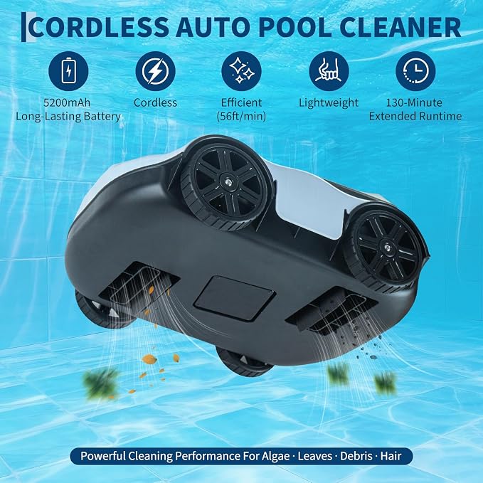 Garvee Cordless Robotic Pool Vacuum Cleaner with 130-Min Runtime, Self-Parking Technology for Above-Ground Pools up to 860 Sq.Ft, Efficient Filtration & Portable Design