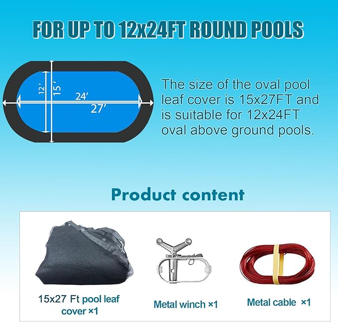 Pool Leaf Net Cover 12x24 Oval Above Ground, Durable Black Mesh Swimming Pool Net Cover with Winch and Cable for Leaves and Debris, Tear Resistant, UV Resistant, and Reatherproof (Oval 12x24 Ft)