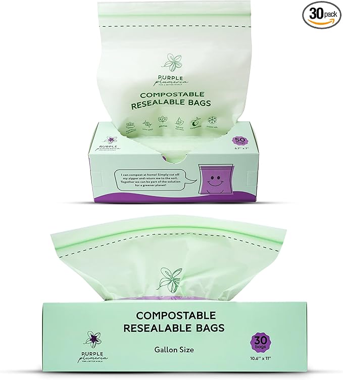 100% Certified Compostable Quart & Gallon Bags (30+50 Counts), Resealable BioBased Bags, Leak Proof And Freezer Safe, Extra Strength Storage Bags, Also Available in Snack & Sandwich Size | Biobased, Leak-Proof, Durable, Freezer-Safe, Extra Strong