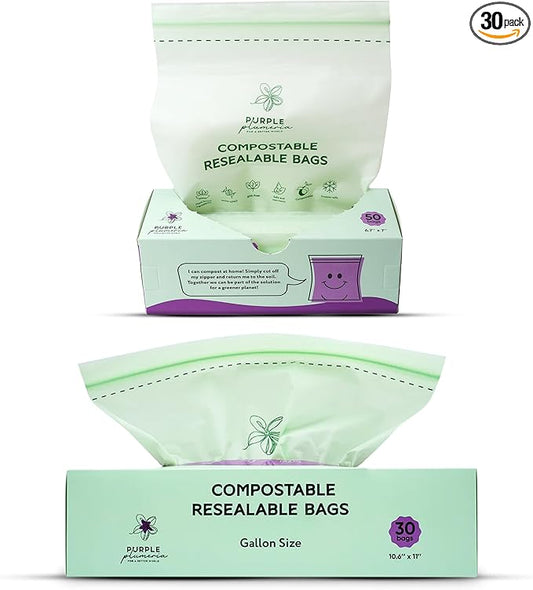100% Certified Compostable Quart & Gallon Bags (30+50 Counts), Resealable BioBased Bags, Leak Proof And Freezer Safe, Extra Strength Storage Bags, Also Available in Snack & Sandwich Size | Biobased, Leak-Proof, Durable, Freezer-Safe, Extra Strong