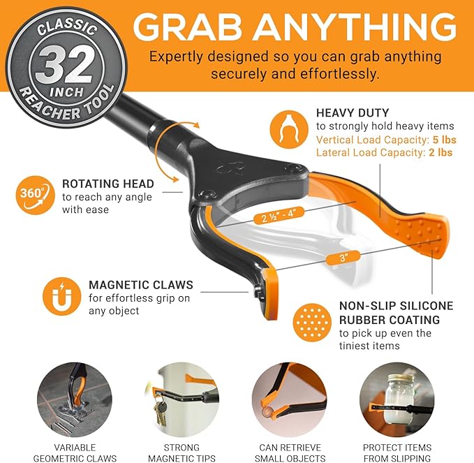 EZPIK Classic 32” Folding Grabber Reacher Tool with Dual Magnets, Heavy Duty Trash Picker Upper Grabber for Seniors & Disabled Users, Aluminum Pickup Tool for Everyday Reaching Aids (Black)