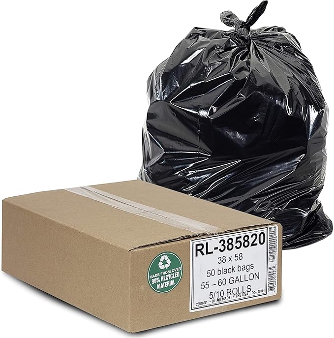 Aluf Plastics Heavy Duty 55 Gallon Trash Bags - (Large 50 Pack/w Ties) - 2 MIL Industrial Strength Plastic Drum Liners 38' x 58' Professional Black Garbage Bags for Construction, Contractors