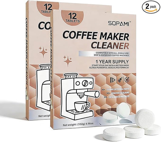SOPAMI Coffee Maker Cleaner Tablets-24 count, Kitchen Coffee Machine Descaler Cleaning for Coffee Pot,Drip and Espresso Machine Cleaning Oil Remover