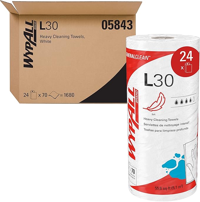 WypAll GeneralClean L30 Cloths Heavy Duty Cleaning Wipes (05843), Strong and Soft Bulk Paper Wipers, White (70 Sheets/Roll, 24 Rolls, 1,680 Sheet Total)