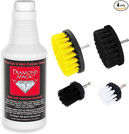 Combo Pack - 20oz Hard Water Spot and Stain Remover Includes 4-pc. Drill Brush Set Commercial Cleaner Stainless Steel, Glass, Porcelain, Multi-surface, Real Diamond