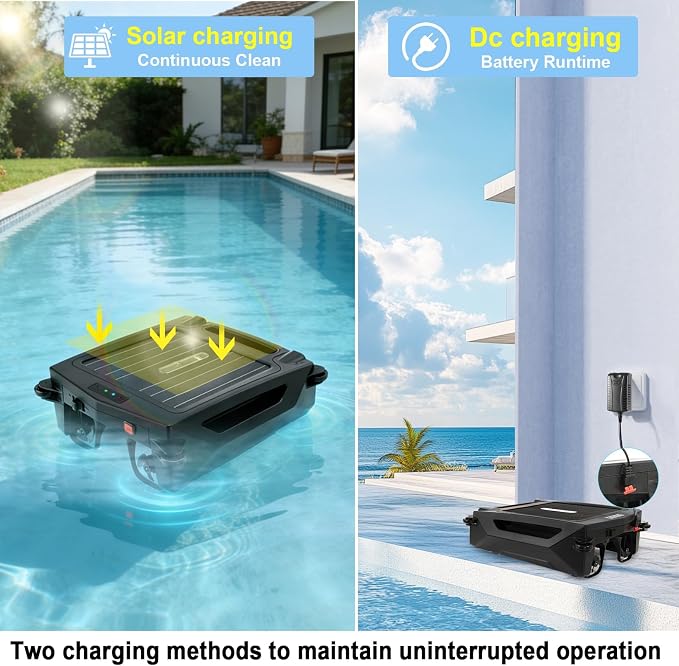 Solar Powered Robotic Pool Skimmer, Automatic Pool Surface Cleaner Robot with 24/7 Continuous Cleaning, App Control, Dual Charging, Ideal for Above Ground & In-Ground Pools (Black)