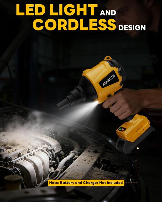 Cordless Compressed Air Duster & Blower Compatible with DeWalt 20V MAX Battery, Brushless Handheld Sawdust Blower, 3-Speed Control, LED Light, Portable Inflatable Pump for Camping (No Battery)