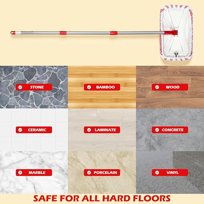 OZD Flat Mops for Floor Cleaning , with 5 Reusable 16x9in Dual-Fiber Mop Heads, Remove Stubborn Stains, Wet and Dry Use, Suitable for Hardwood, Tile, Laminate Flooring etc, Red