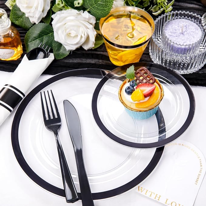 Liacere 350PCS Clear Black 350PCS Disposable Dinnerware Set for 50 Guests- 100 Plastic Plates, 50 Pre rolled Black Silverware,50 Plastic Cups for Wedding & Party & Graduation& 4th of July