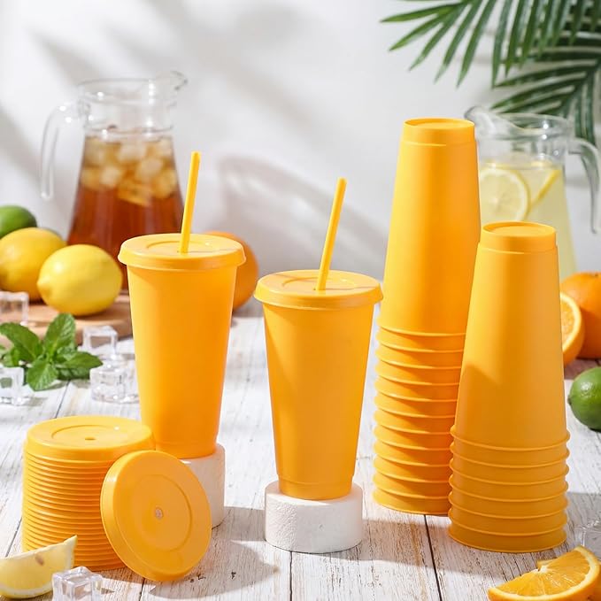 Honeydak 30 Pack Tumbler with Straw and Lid Bulk Cups for Gifts Water Bottle Iced Coffee Travel Mug Cup Reusable Plastic Tumblers for Party Birthdays 24-27 oz (Yellow Color)