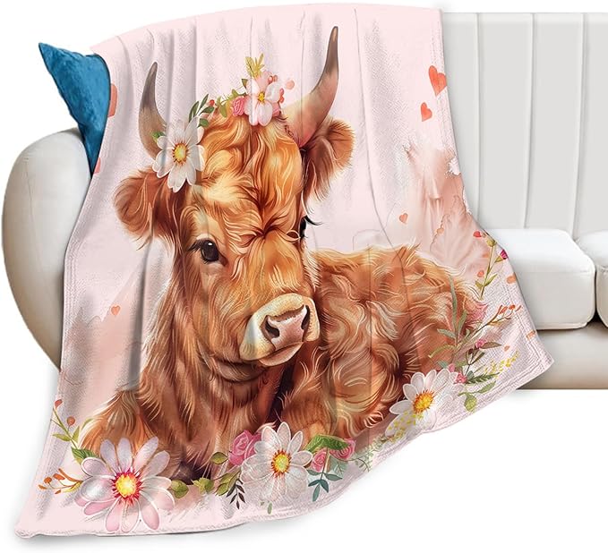 Tijuboni Pink Cow Throw Blanket Highland Cow Gifts for Girls Women Boys Men Kids Adults Soft Flannel Fleece Blanket for Couch Sofa Bed Home Decor 60"x80"