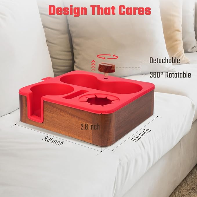 Couch Cup Holder Tray, Real Acacia Wooden Caddy with Soft Silicone, Snack and Drink Organizer- Perfect Movie Night Accessories for Bed, Remote and Cup Holders for Sofa (Red)