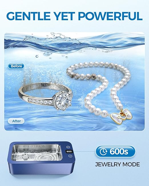 Ultrasonic Jewelry Cleaner, 500ml Large Capacity Multi-Purpose Sonic Cleaner for Jewelry, Eyeglasses, Watch Straps, Dentures and More, 5 Modes & 3 High Frequency Gears, 316 Stainless Steel Tank, Blue