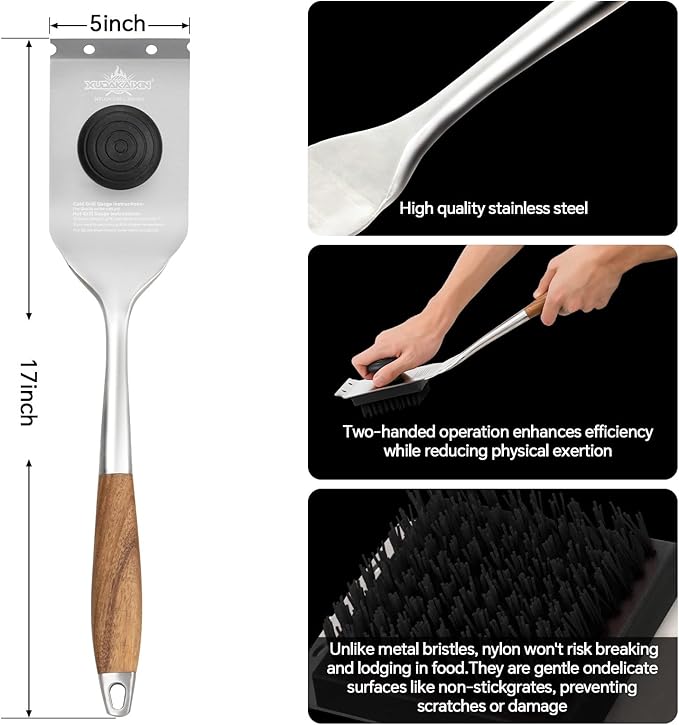 XUDAKAIXIN Nylon Grill Brush, Dual Grip Design, with Extended Luxurious Acacia Wood Handle, Safe Nylon Bristles Barbecue Outdoor Grill Brush for Cooled Grates(Black)