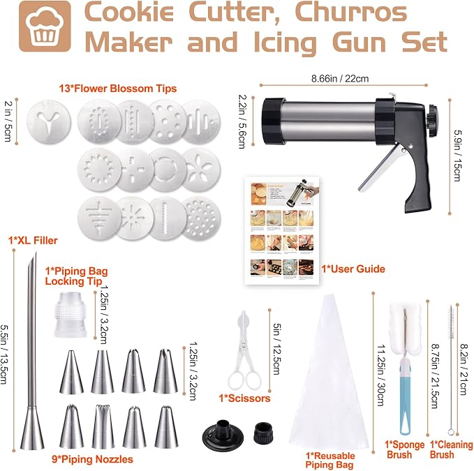 Ideal Swan Stainless Steel Cookies Press with 13 Cookie Discs and 9 Piping Tips Cleaning Brush & Filling Piping Bag, Stainless Steel Churro Maker Machine for DIY cake Maker Decorating Baking Supplies