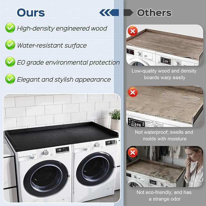 Fivesun Washer Dryer Countertop, 27.5" x 54“ Wood Washer and Dryer Countertop with Edge Rails for Laundry Room Organization and Storage, Black