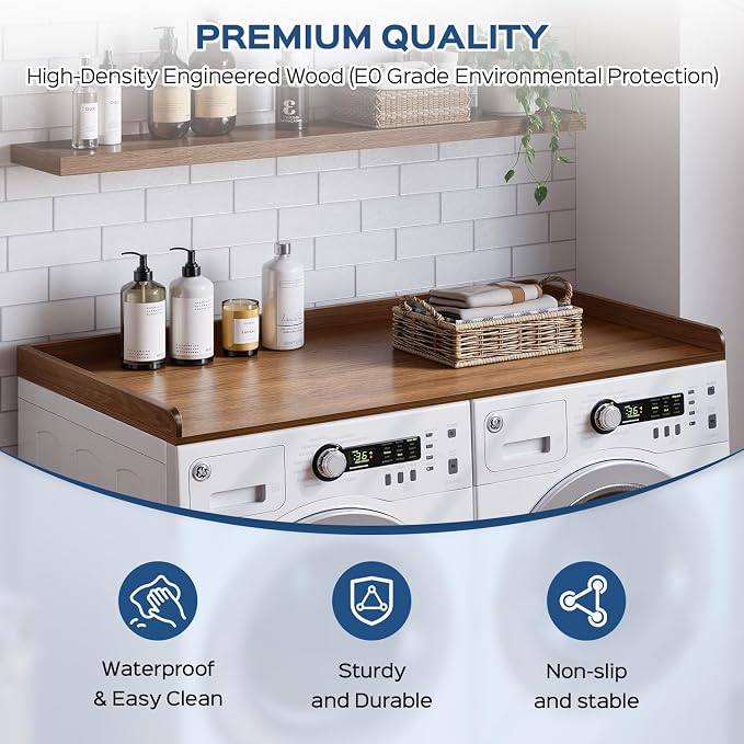 Fivesun Washer Dryer Countertop, 27.5" x 54“ Wood Washer and Dryer Countertop with Edge Rails for Laundry Room Organization and Storage, Dark Walnut