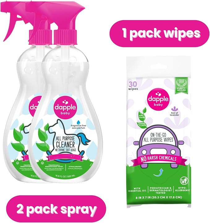 Dapple Baby All Purpose Cleaning Spray and All Purpose Wipes - (2 Pack) 16.9 fl oz Bottle - 30 Cleaning Wipes Total - Fragrance-Free, Hypoallergenic & Plant-Powered - Baby Essentials
