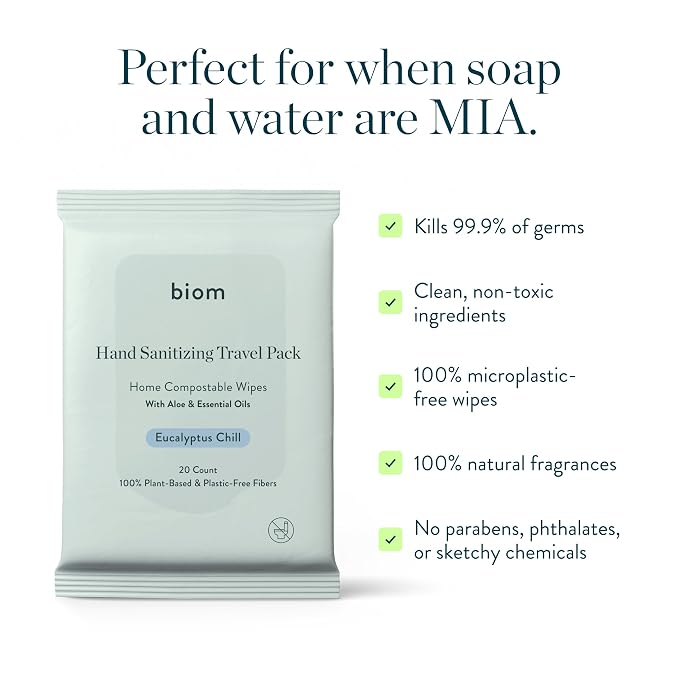 Biom Hand Sanitizing Wipes - Travel Size 10 pack(200 Wipes) 65% Ethanol Alcohol, Kills 99.9% of Germs, Removes Dirt & Grime, Made of Plant-Based & Plastic Free Fibers, Hypoallergenic -Eucalyptus Chill