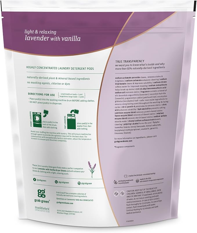 Grab Green 3-in-1 Laundry Detergent Pods, 60 Count, Lavender + Vanilla | Plant & Mineral-Based; Enzyme-Powered; Velcro Closure; Laundry Brightener; Stain Remover