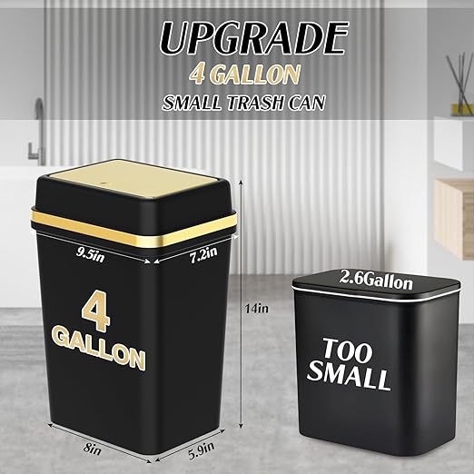 Bathroom Trash Can with Lid 4 Gallon Black Trash Can with Press Top Lid Bedroom Trash Can Small Garbage Can with 150 Counts Trash Bags for Small Bathroom Bedroom Office