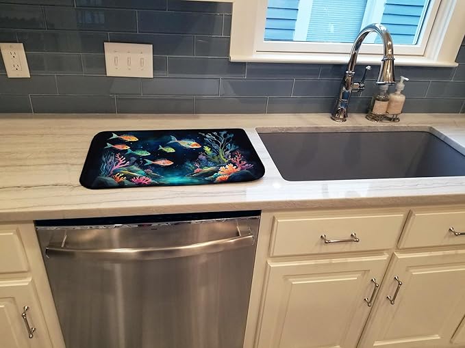 Caroline's Treasures Bioluminescent Fish Dish Drying Mat Absorbent Dish Drying Mat Pad for Kitchen Counter Dish Drainer Mat for Countertop, 14 x 21", Multicolor