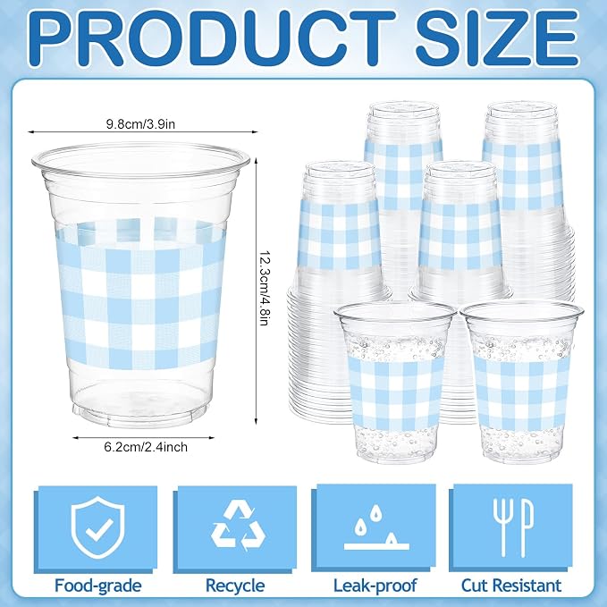 100 Pcs Blue Gingham Plastic Cups 12 oz Light Blue Checkered Plaid Disposable Plastic Drinking Cups Bulk for Baby Shower Wedding Birthday Christmas Party Decoration Supplies