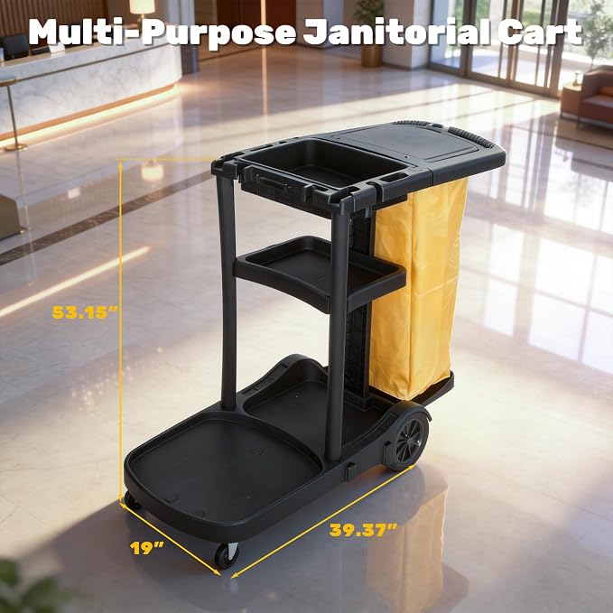 NORTHSKY Janitorial Cart, 3-Shelf Cleaning Carts on Wheels,Commercial Traditional Plastic Housekeeping Cart with 2 Yellow Vinyl Bag and 2 Pair of Rubber Gloves (Classic Black)