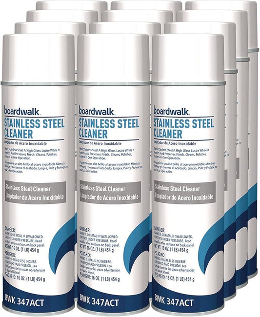 Boardwalk Stainless Steel Cleaner and Polish, Lemon, 18 oz Aerosol Spray, 12/Carton