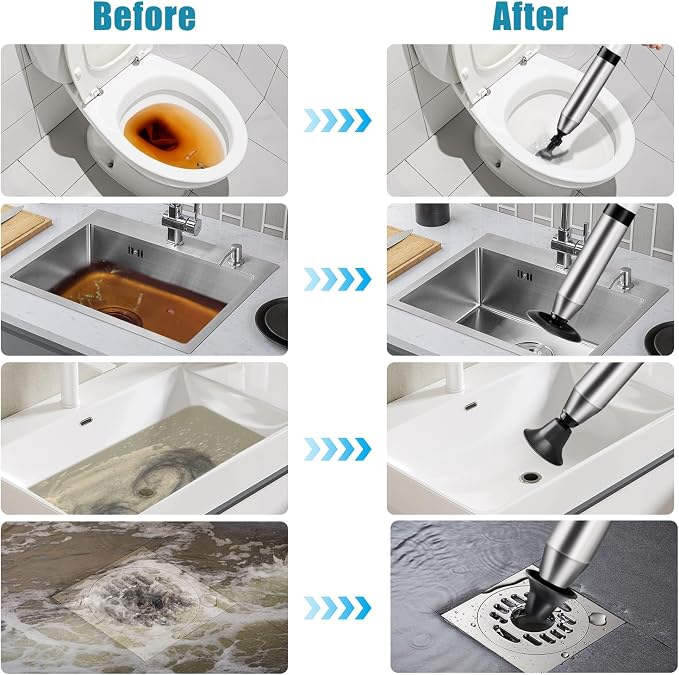 Toilet Plunger Drain Clog Remover: High Pressure Air Drainage Blaster Gun Clog Remover Tool- Stainless Steel White Air Plunger for Bathroom, Sink, Floor, Kitchen Clogged