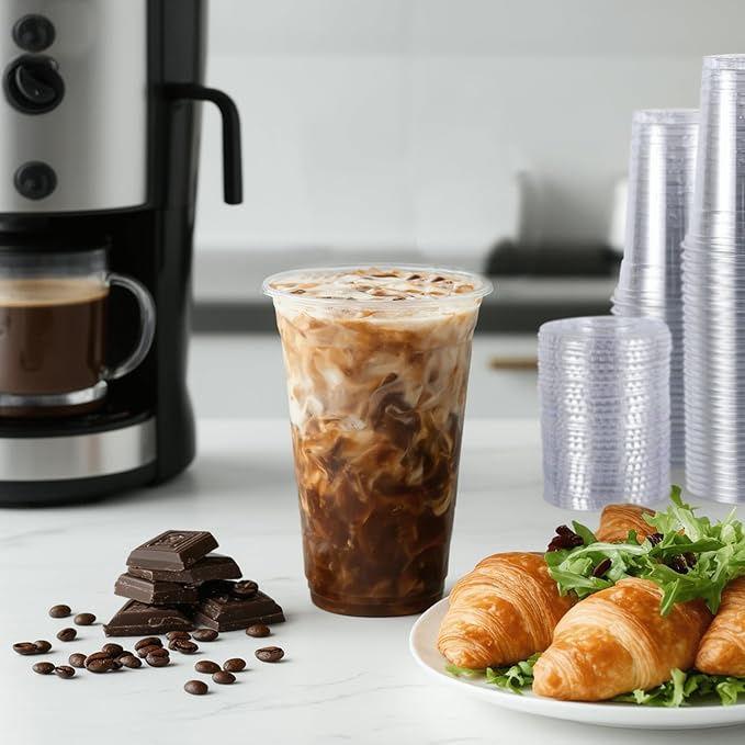 TashiBox 100 sets 24 oz plastic cups with flat lids and straws, smoothie cups with lids and straws, meal prep plastic large cups