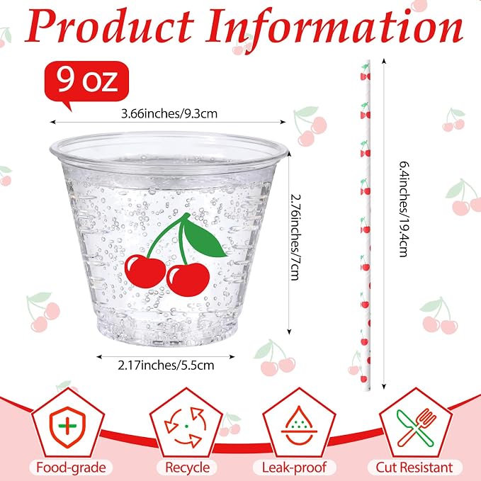 LemonRoad 100 Sets Cherry Disposable Plastic Cups Bulk with Lids Straws 9 oz Red Cherry Clear Plastic Cups Fruit Cold Beverage Drinking Container for Baby Shower Birthday Daily Holiday Party Supplies
